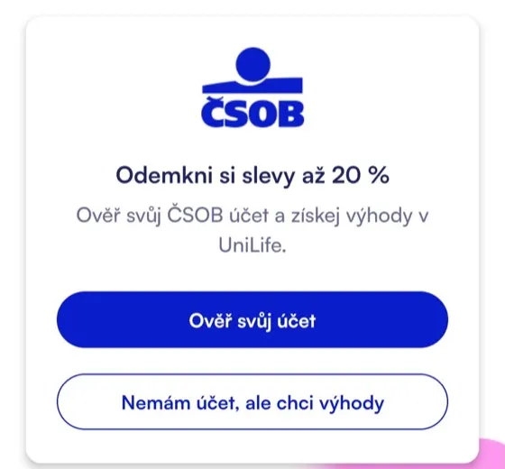 The UniLife home screen with the blue ČSOB block and a button to verify your account